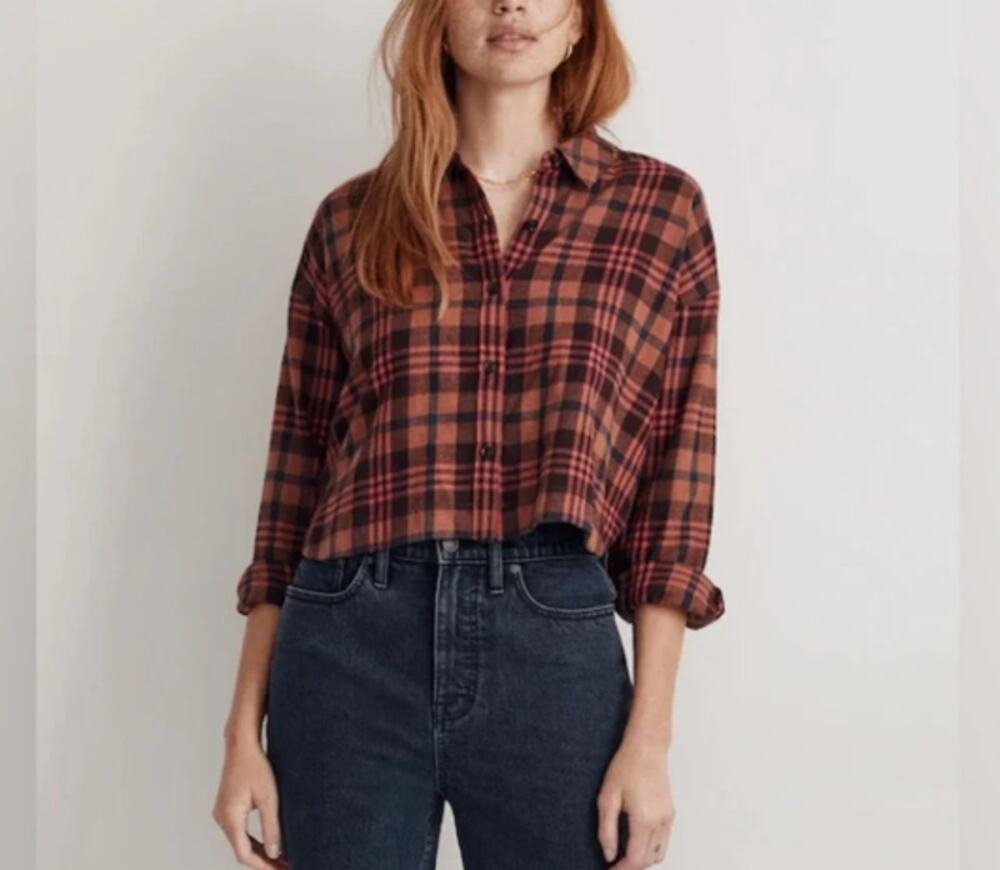 Madewell Sz L Plaid Flannel Crop Button Down Orange Boxy Cabi Granola Girl